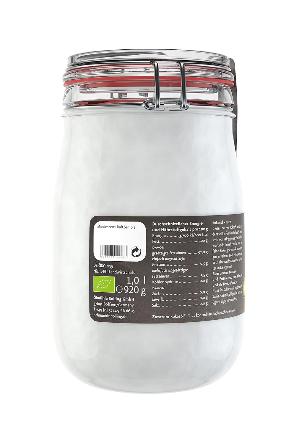 - BIO Kokosöl ; 100% Natives Bio-Kokosnussöl ; Ideal Geeignet Zum Braten, Backen Und Frittieren, Als Haut-& Haarpflege Sowie Für Hunde Und Katzen ; Inhalt: 1 L Im Bügel-Glas