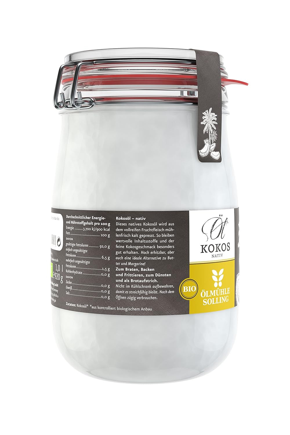 - BIO Kokosöl ; 100% Natives Bio-Kokosnussöl ; Ideal Geeignet Zum Braten, Backen Und Frittieren, Als Haut-& Haarpflege Sowie Für Hunde Und Katzen ; Inhalt: 1 L Im Bügel-Glas