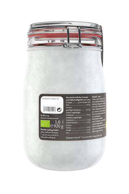 - BIO Kokosöl ; 100% Natives Bio-Kokosnussöl ; Ideal Geeignet Zum Braten, Backen Und Frittieren, Als Haut-& Haarpflege Sowie Für Hunde Und Katzen ; Inhalt: 1 L Im Bügel-Glas