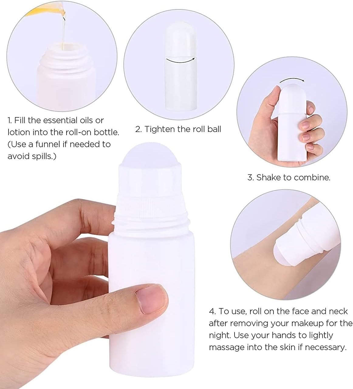4 Stück 50Ml Kunststoff Leer Roller Flaschen Roll on Flaschen Aromatherapie Flaschen Mit Rollenkugel, Für Duft Öle Parfüm Reisen Abfüllung (Weiß)